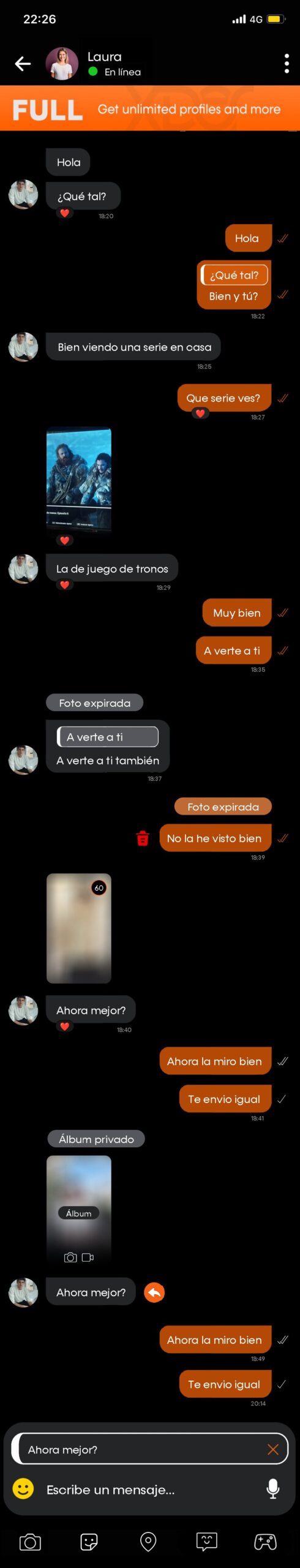 Chat de Xder con mensajes, envío de fotos, multimedia y opción de iniciar una dinámica conversacional