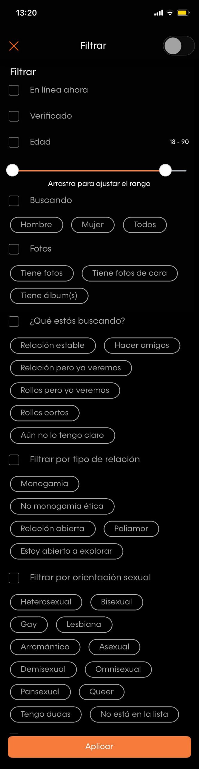 Pantalla de filtros de Xder: búsqueda por distancia, edad e intereses