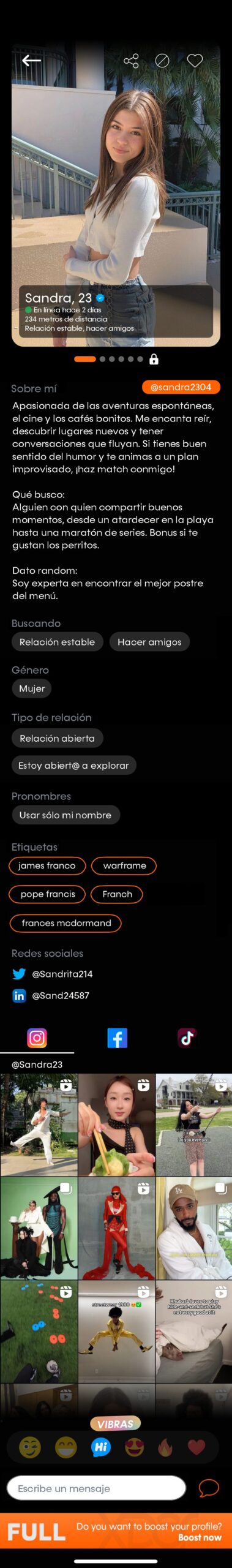 Perfil de usuario en Xder con intereses, verificación y álbum visible